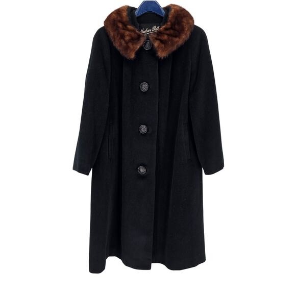 Vintage 1950s 60s Hudson Belk Black Wool Swing Coat Brown Mink Collar Union Made - Picture 1 of 10